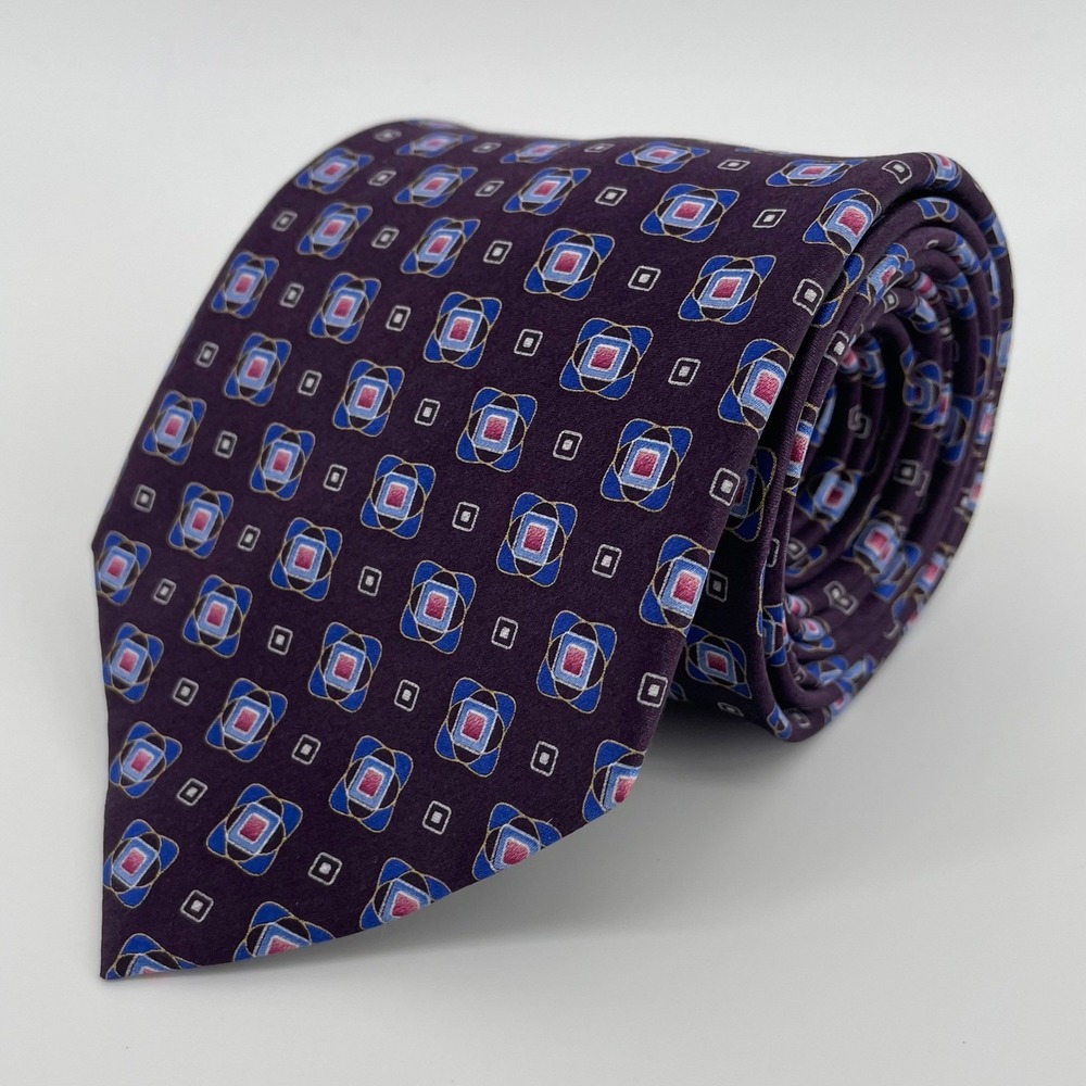 Jos. A. Bank Mens Purple Geometric Silk Necktie Blue Pink Square Pattern Tie